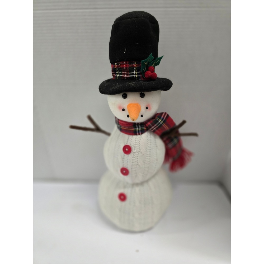 Snowman Figurine Cable Knit Sweater Plaid Scarf Top Hat Christmas Decor‎ White
